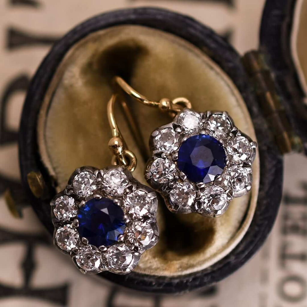 Luxury Jewelry Vintage Two Tone Flower Design Halo Round Cut Blue & White Sapphire Drop Earrings For Women