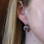Luxury Jewelry Vintage Two Tone Flower Design Halo Round Cut Blue & White Sapphire Drop Earrings For Women