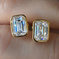 Luxury Jewelry Classic Solitaire Golden Bezel Emerald Cut White Sapphire Stud Earrings For Women