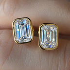 Luxury Jewelry Classic Solitaire Golden Bezel Emerald Cut White Sapphire Stud Earrings For Women