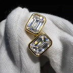 Luxury Jewelry Classic Solitaire Golden Bezel Emerald Cut White Sapphire Stud Earrings For Women