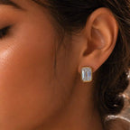Luxury Jewelry Classic Solitaire Golden Bezel Emerald Cut White Sapphire Stud Earrings For Women