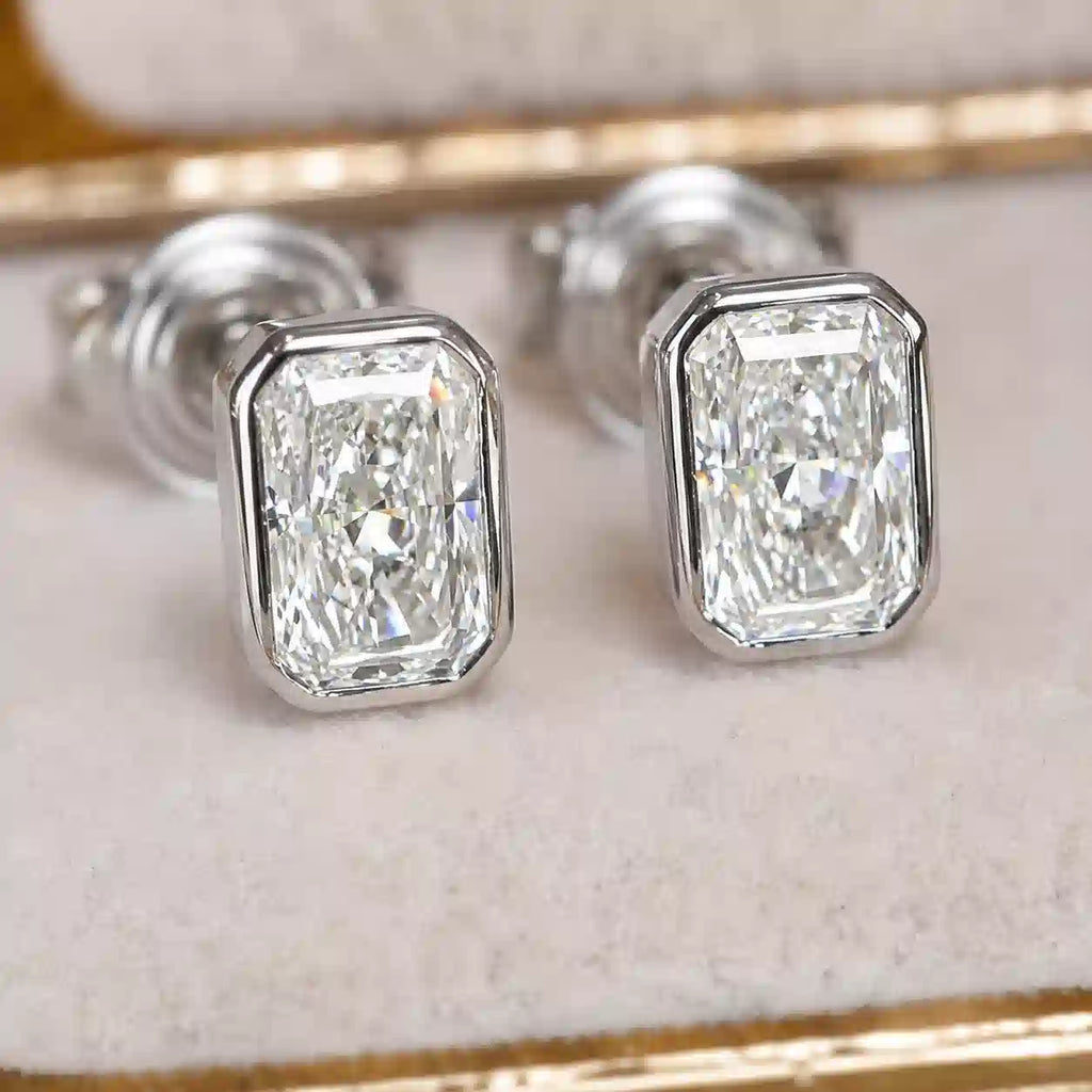 Luxury Jewelry Classic Solitaire Bezel Radiant Cut White Sapphire Stud Earrings For Women