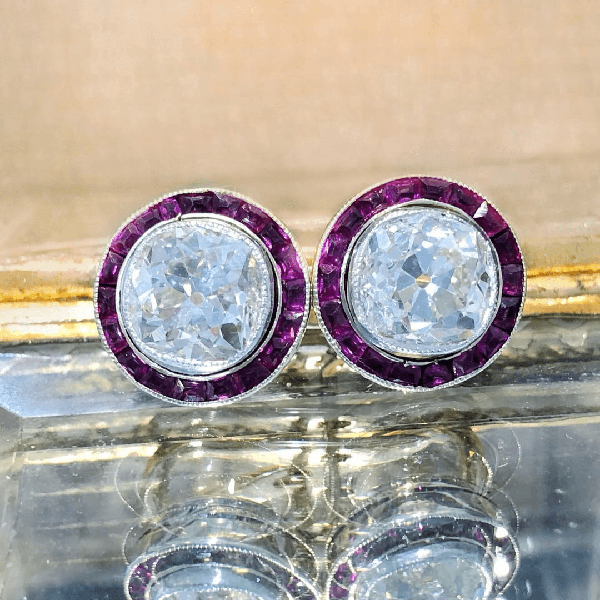 Luxury Jewelry Bezel Halo Round Cut White & Ruby Sapphire Stud Earrings For Women