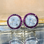 Luxury Jewelry Bezel Halo Round Cut White & Ruby Sapphire Stud Earrings For Women