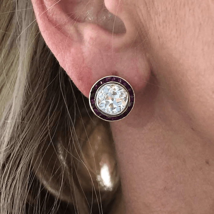 Luxury Jewelry Bezel Halo Round Cut White & Ruby Sapphire Stud Earrings For Women