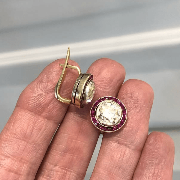 Luxury Jewelry Bezel Halo Round Cut White & Ruby Sapphire Stud Earrings For Women