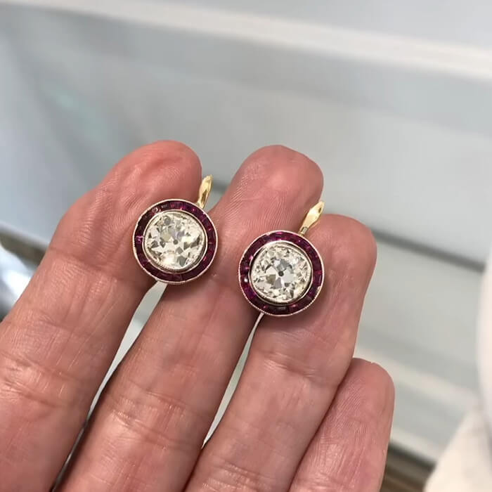 Luxury Jewelry Bezel Halo Round Cut White & Ruby Sapphire Stud Earrings For Women