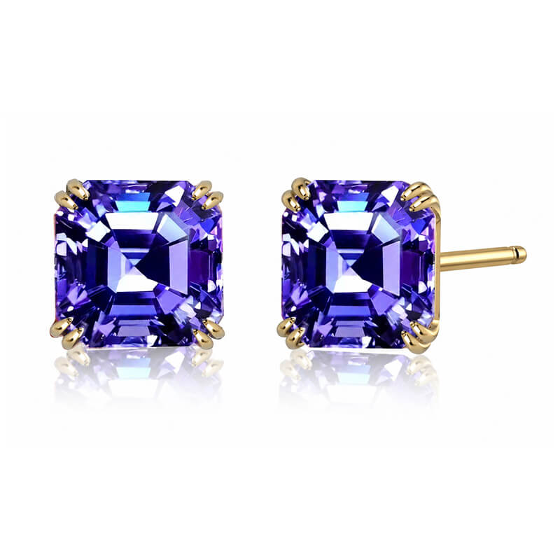 Luxury Jewelry Golden Double Prong Asscher Cut Tanzanite Sapphire Stud Earrings For Women