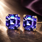 Luxury Jewelry Golden Double Prong Asscher Cut Tanzanite Sapphire Stud Earrings For Women