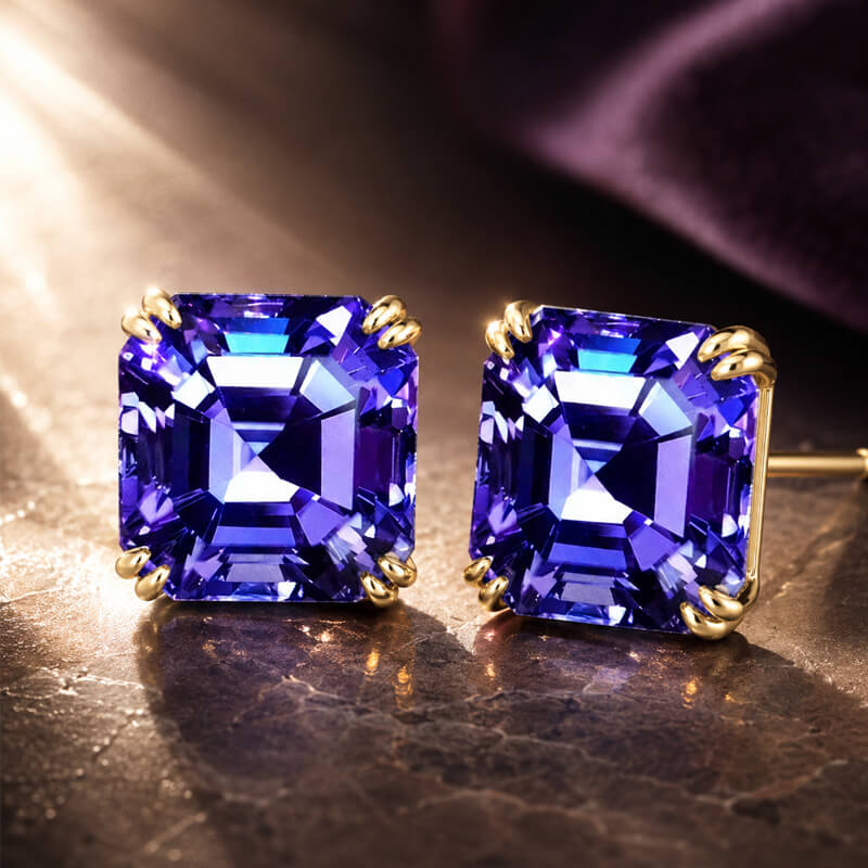 Luxury Jewelry Golden Double Prong Asscher Cut Tanzanite Sapphire Stud Earrings For Women