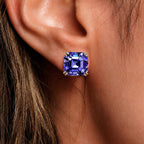 Luxury Jewelry Golden Double Prong Asscher Cut Tanzanite Sapphire Stud Earrings For Women