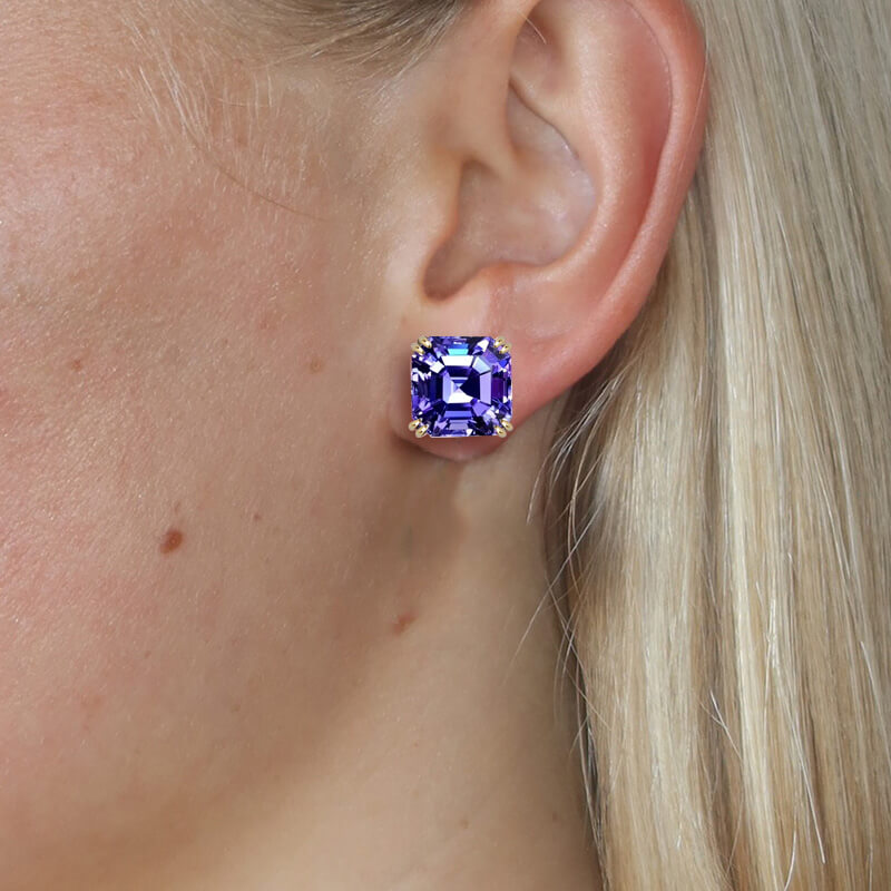 Luxury Jewelry Golden Double Prong Asscher Cut Tanzanite Sapphire Stud Earrings For Women