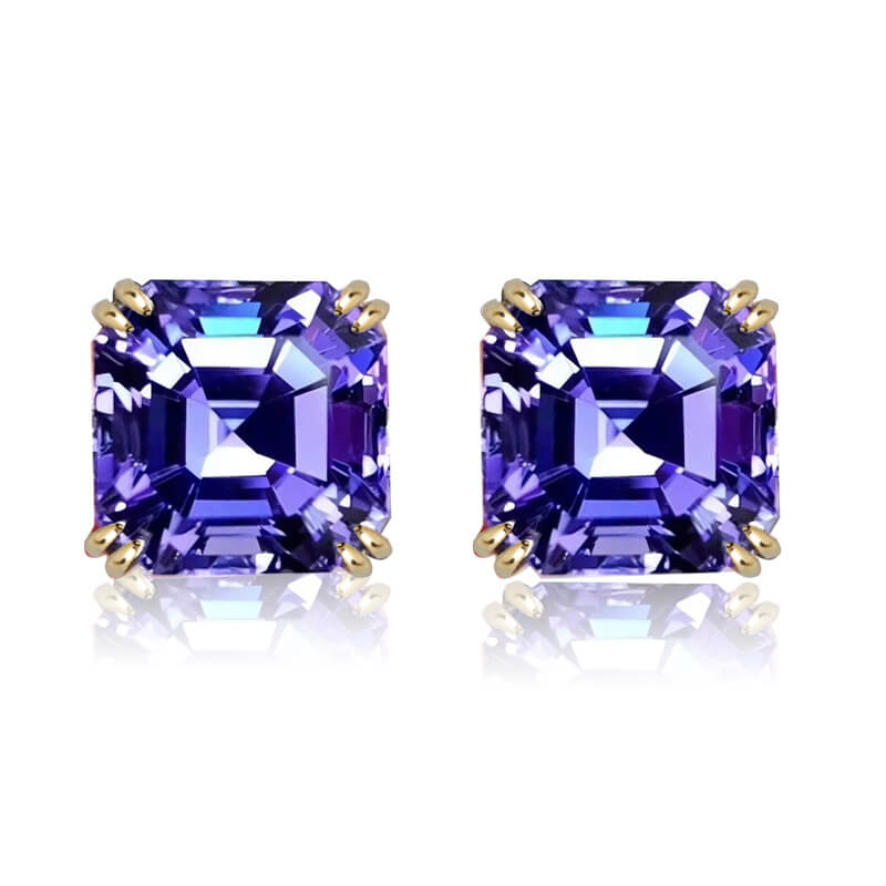 Luxury Jewelry Golden Double Prong Asscher Cut Tanzanite Sapphire Stud Earrings For Women