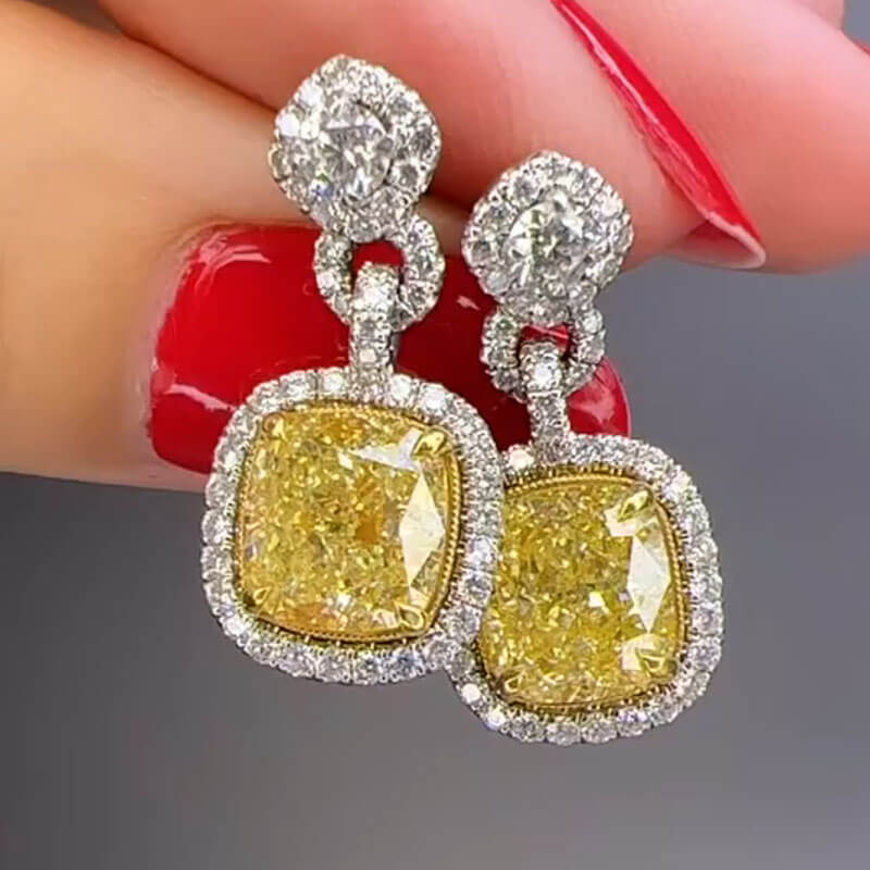 Luxury Jewelry Two Tone Halo Cushion Cut Canary Drop Earrings For Women