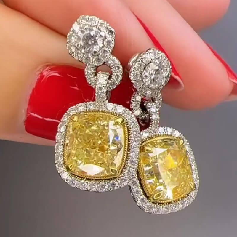Luxury Jewelry Two Tone Halo Cushion Cut Canary Drop Earrings For Women