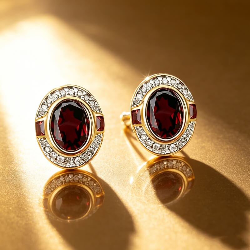 Art Deco Two Tone Bezel Setting Oval Cut Garnet Sapphire Stud Earrings For Women