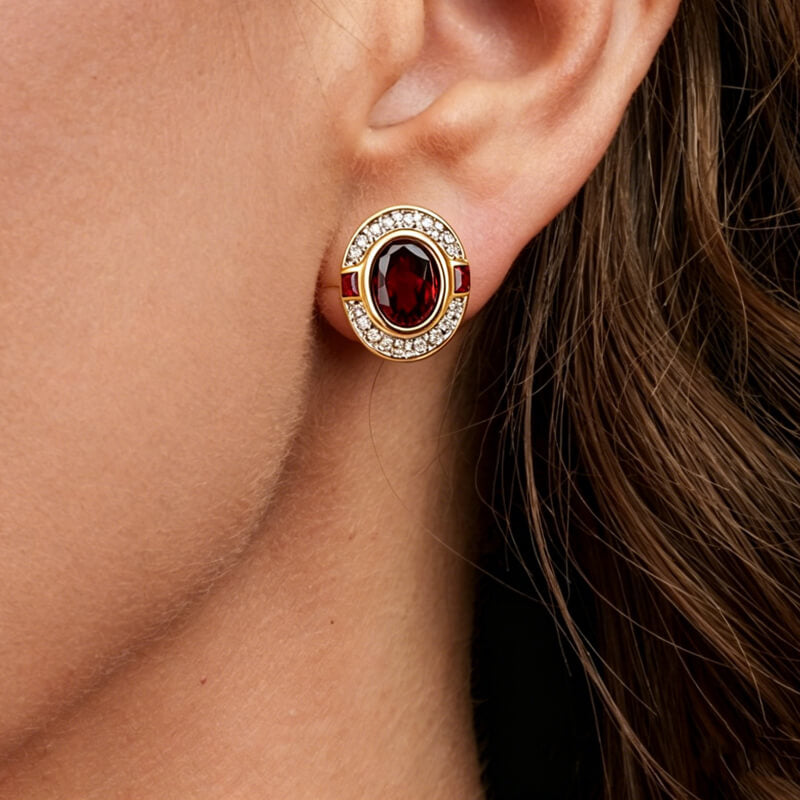 Art Deco Two Tone Bezel Setting Oval Cut Garnet Sapphire Stud Earrings For Women