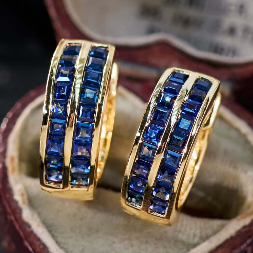 Luxury Jewelry Golden Channel Setting Asscher Cut Blue Sapphire Hoop Earrings For Women