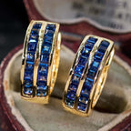 Luxury Jewelry Golden Channel Setting Asscher Cut Blue Sapphire Hoop Earrings For Women
