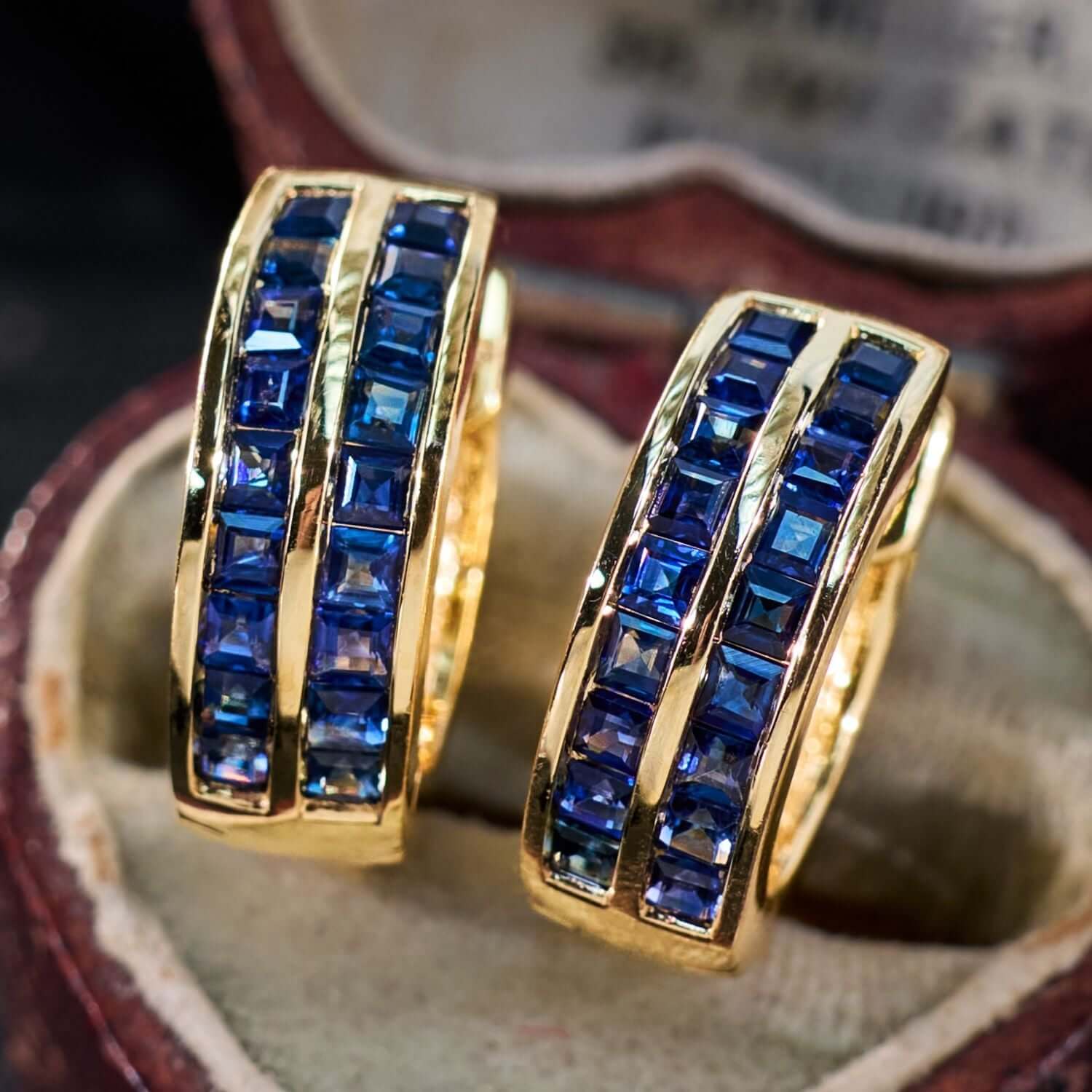 Luxury Jewelry Golden Channel Setting Asscher Cut Blue Sapphire Hoop Earrings For Women