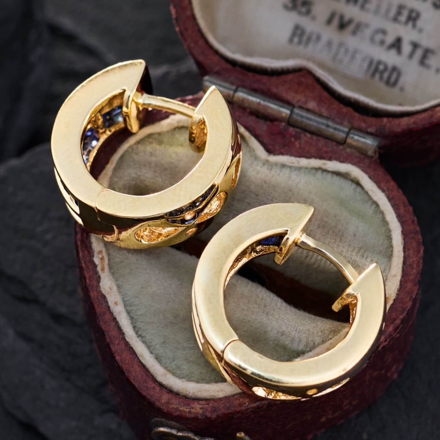 Luxury Jewelry Golden Channel Setting Asscher Cut Blue Sapphire Hoop Earrings For Women