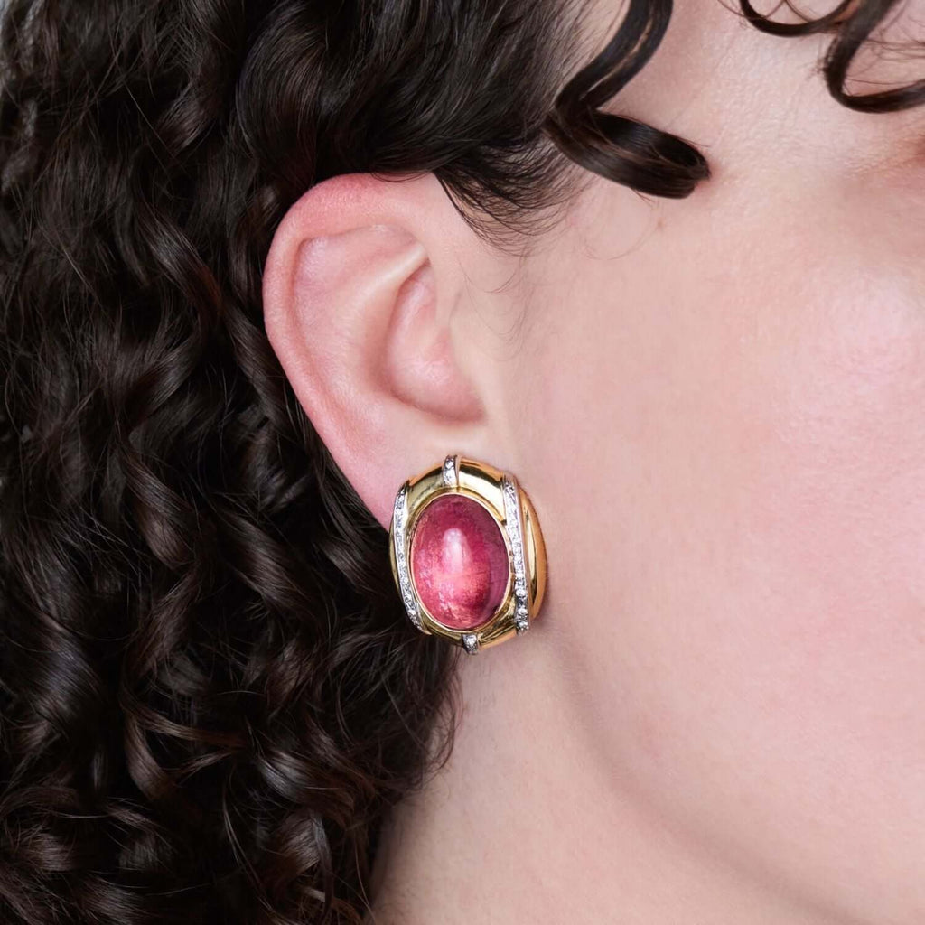 Luxury Jewelry Two Tone Bezel Oval Cabochon Cut Ruby Sapphire Stud Earrings For Women