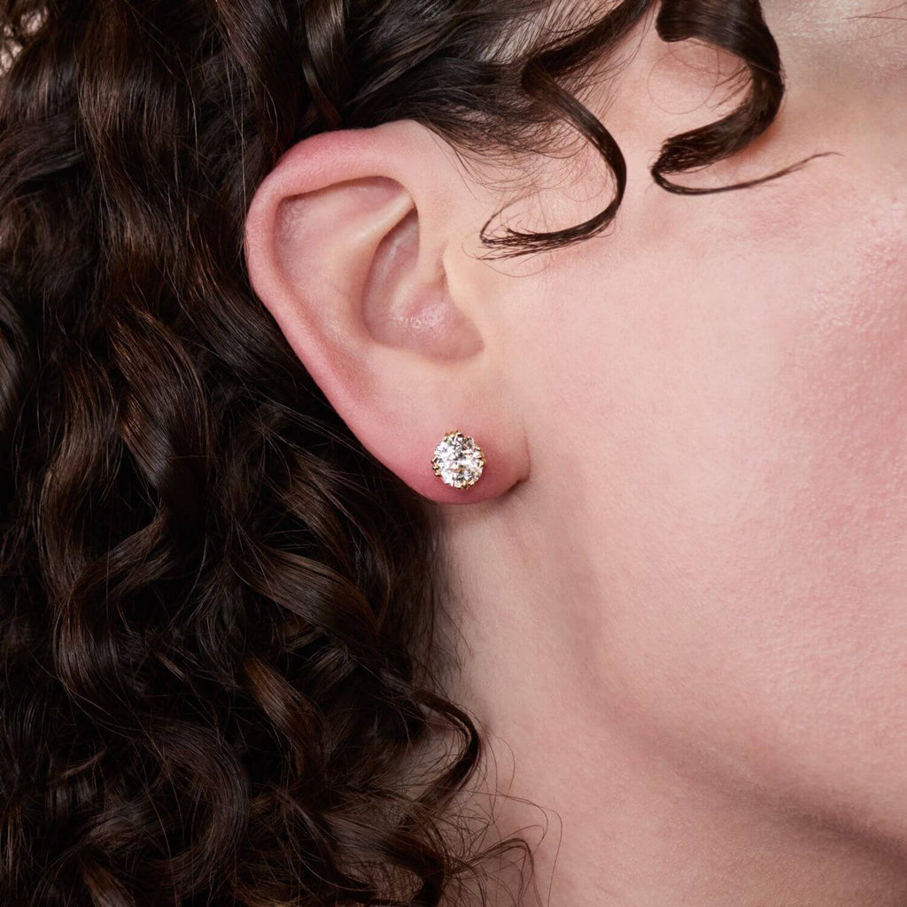 Luxury Jewelry Golden Solitaire Three Prong Cushion Cut White Sapphire Stud Earrings For Women