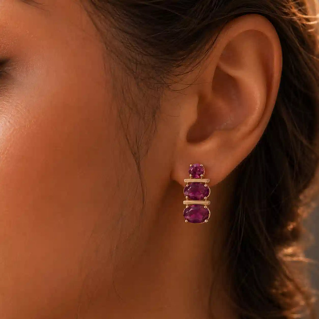 Luxury Jewelry Unique Design Golden Oval & Round Cut Ruby Sapphire Stud Earrings For Women