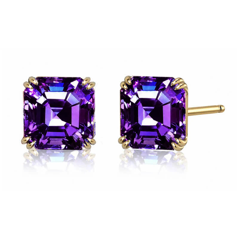 Luxury Jewelry Solitaire Double Prong Golden Asscher Cut Amethyst Sapphire Stud Earrings For Women