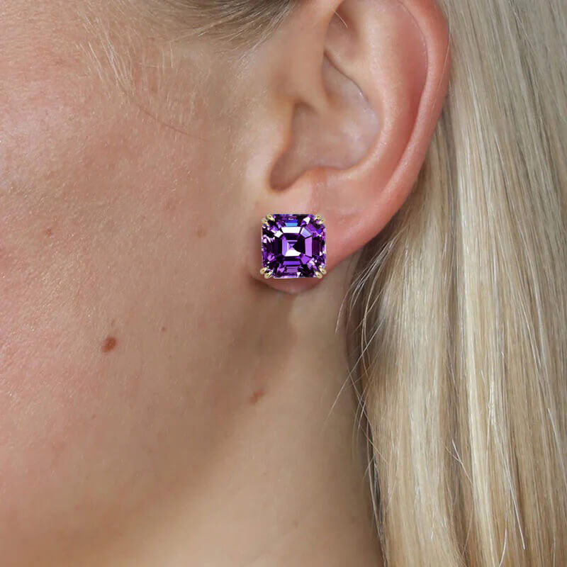 Luxury Jewelry Solitaire Double Prong Golden Asscher Cut Amethyst Sapphire Stud Earrings For Women