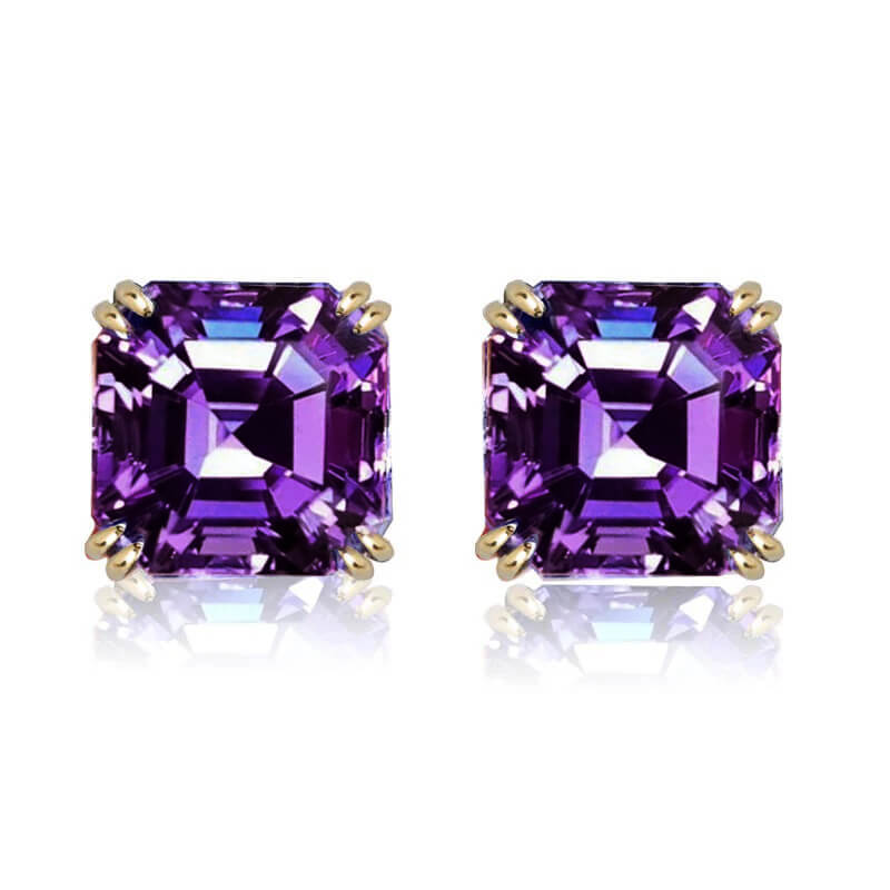 Luxury Jewelry Solitaire Double Prong Golden Asscher Cut Amethyst Sapphire Stud Earrings For Women