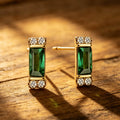 Classic Golden Baguette Cut Emerald & White Sapphire Stud Earrings For Women