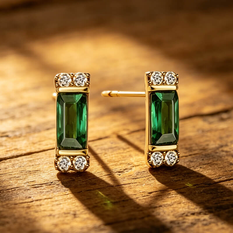 Classic Golden Baguette Cut Emerald & White Sapphire Stud Earrings For Women