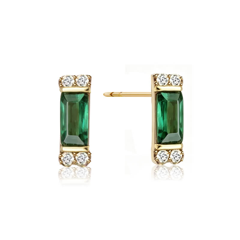 Classic Golden Baguette Cut Emerald & White Sapphire Stud Earrings For Women