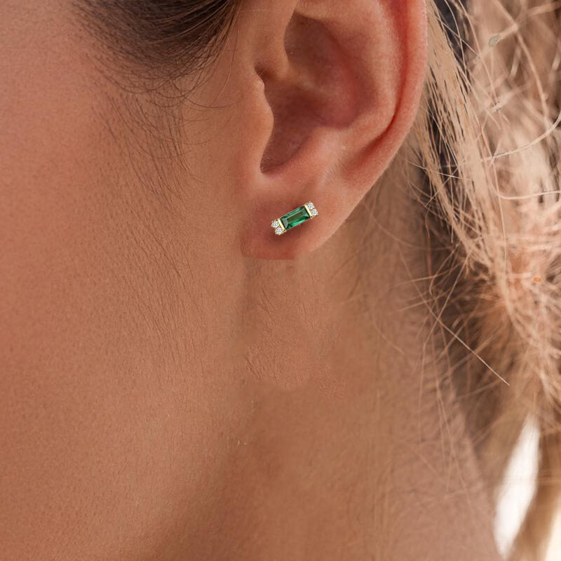 Classic Golden Baguette Cut Emerald & White Sapphire Stud Earrings For Women