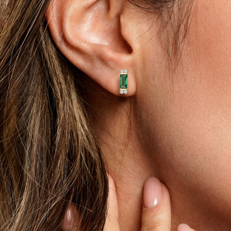 Classic Golden Baguette Cut Emerald & White Sapphire Stud Earrings For Women