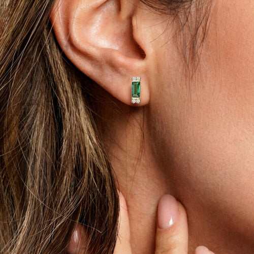 Classic Golden Baguette Cut Emerald & White Sapphire Stud Earrings For Women