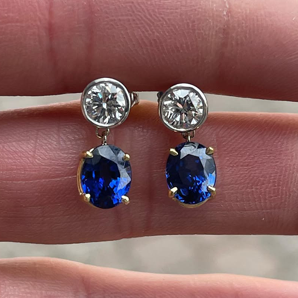 Classic Oval & Round Cut Blue & White Sapphire Drop Earrings For Women