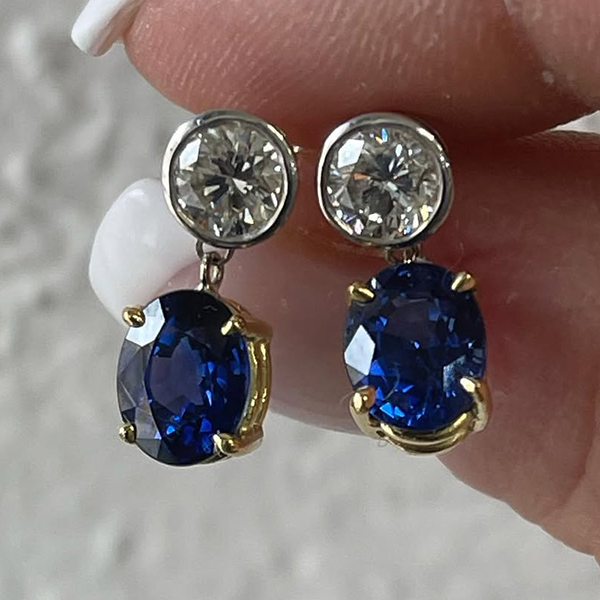 Classic Oval & Round Cut Blue & White Sapphire Drop Earrings For Women