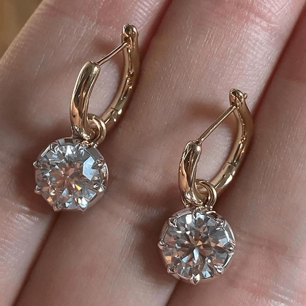 Solitaire Yellow Gold Round Cut White Sapphire Drop Earrings For Women