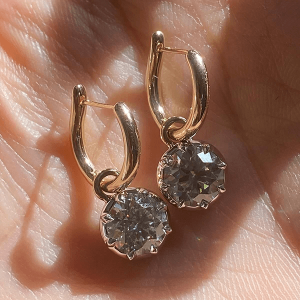 Solitaire Yellow Gold Round Cut White Sapphire Drop Earrings For Women