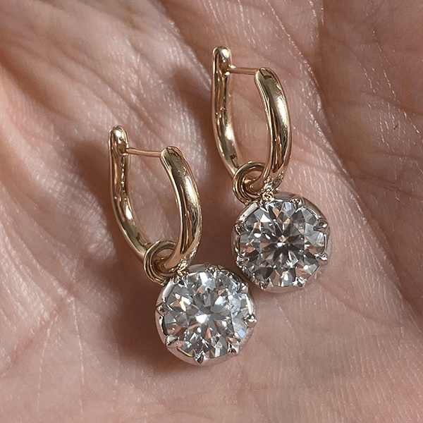Solitaire Yellow Gold Round Cut White Sapphire Drop Earrings For Women