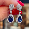 Elegant Halo Pear Cut Blue & White Sapphire Drop Earrings For Women