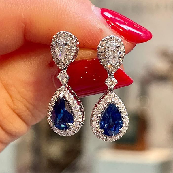 Elegant Halo Pear Cut Blue & White Sapphire Drop Earrings For Women