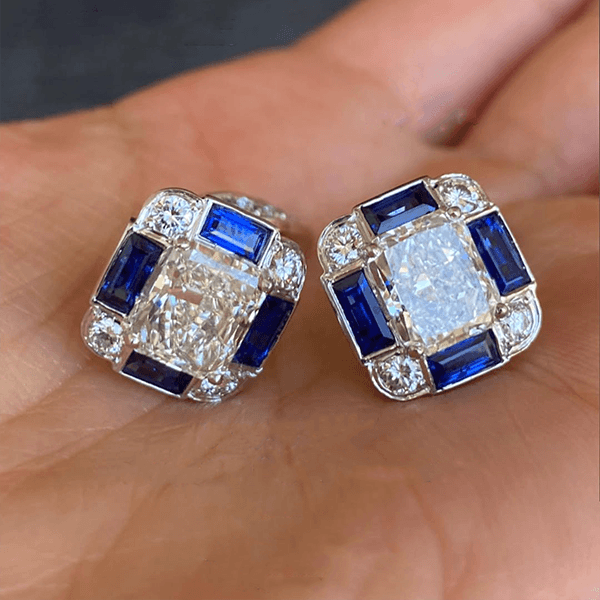 Luxury Jewelry Art Deco Radiant Cut White  & Blue Sapphire Stud Earrings For Women