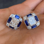 Luxury Jewelry Art Deco Radiant Cut White  & Blue Sapphire Stud Earrings For Women