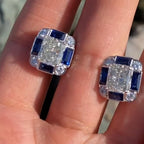 Luxury Jewelry Art Deco Radiant Cut White  & Blue Sapphire Stud Earrings For Women