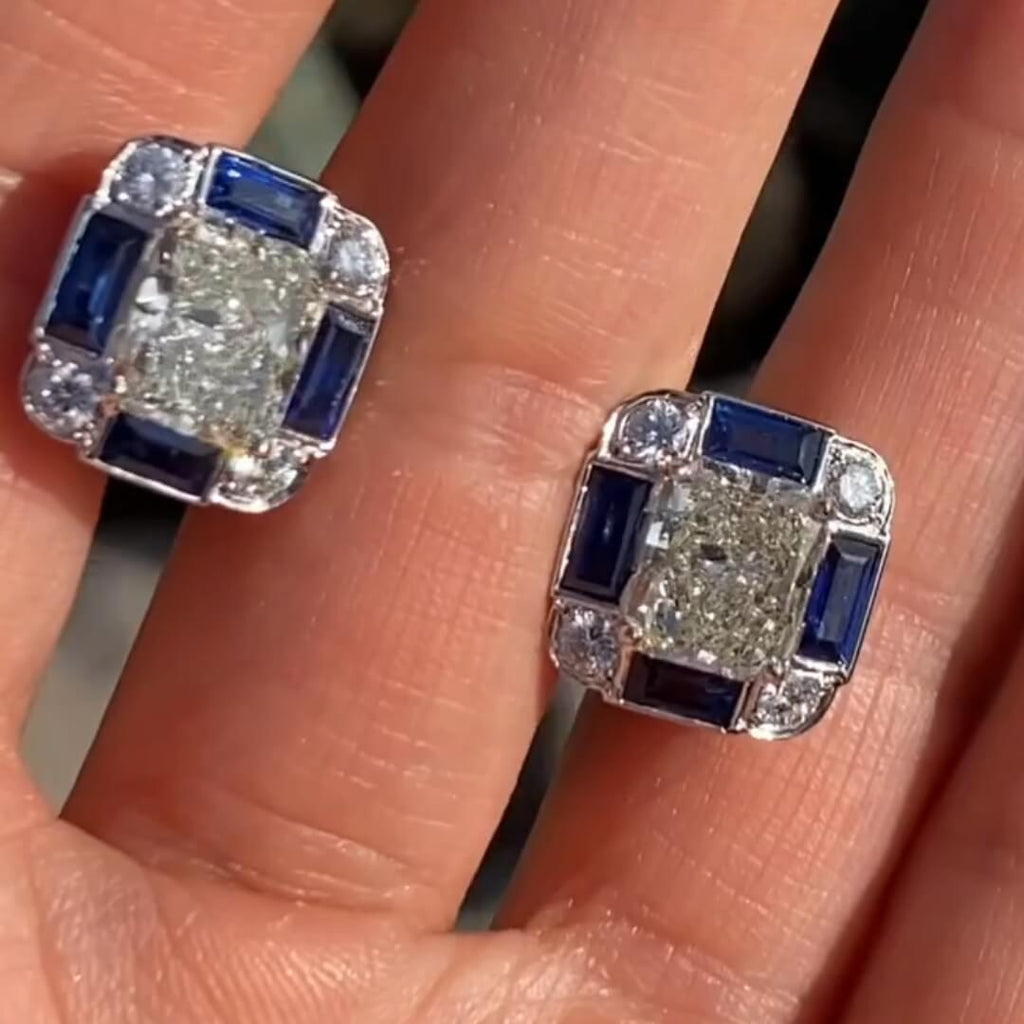 Luxury Jewelry Art Deco Radiant Cut White  & Blue Sapphire Stud Earrings For Women