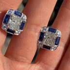 Luxury Jewelry Art Deco Radiant Cut White  & Blue Sapphire Stud Earrings For Women